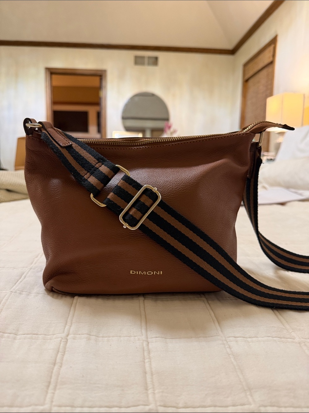 Dimoni Brown Leather Crossbody Bag with Striped Strap